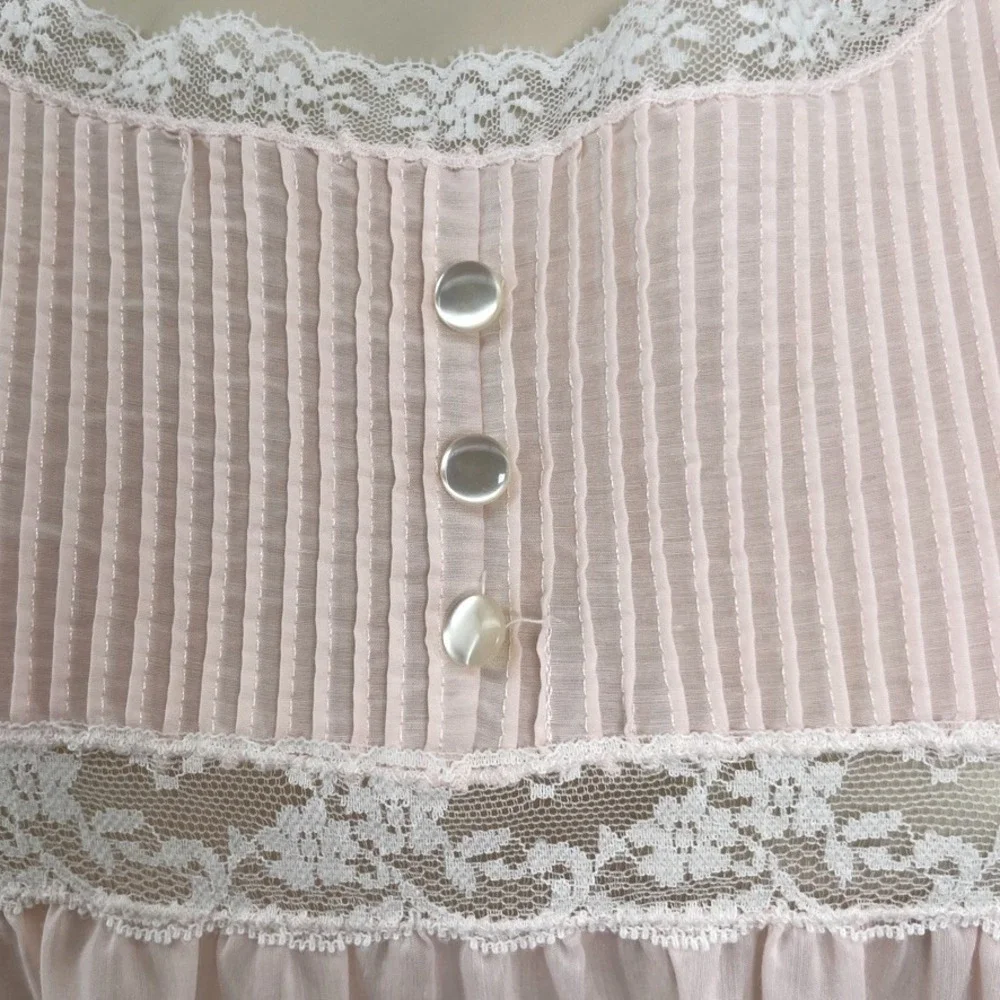 Vintage BARBIZON Nightgown L Pink Babydoll Sleeveless Lace Trim Pintucks Cottage